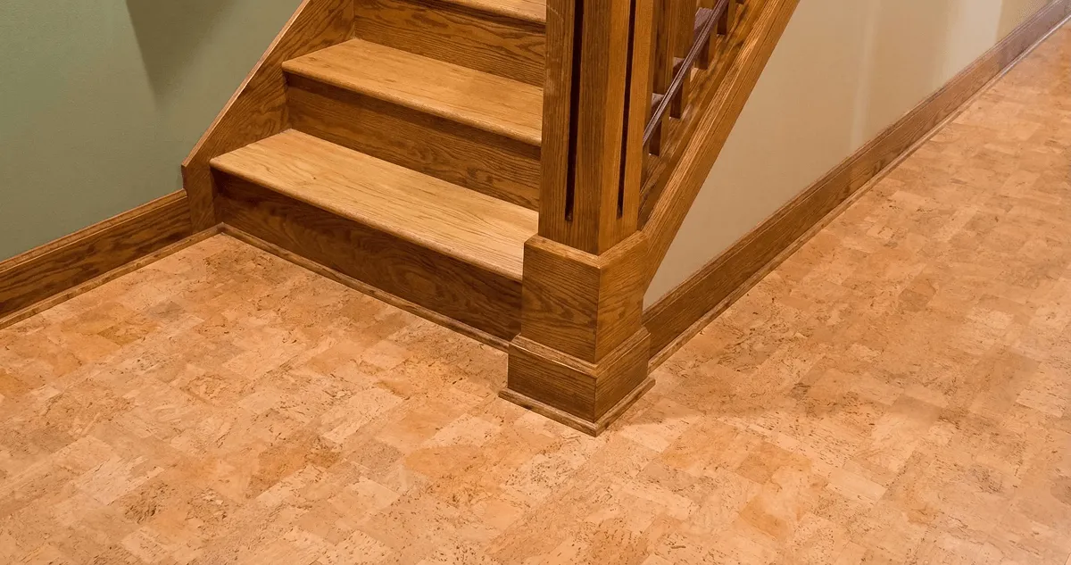 End of a staircase with cork flooring in Houston, TX